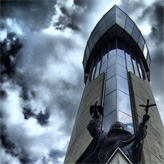 This is the front view of the bell tower of the "Divine Mercy Sanctuary" in Cracow.